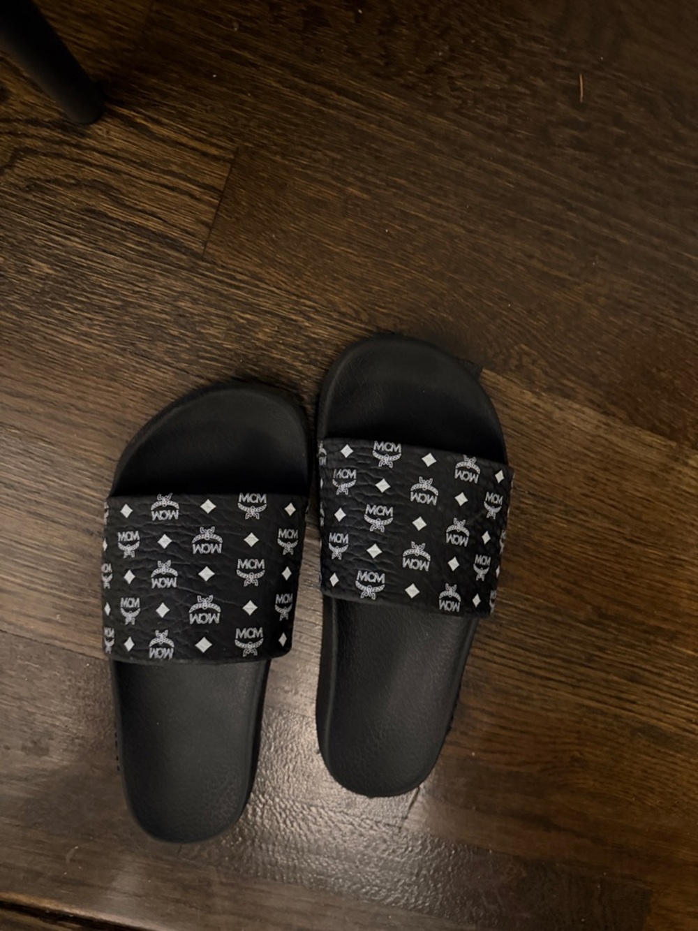 MCM Black Logo Slide Sandals for Kids with White Monogram